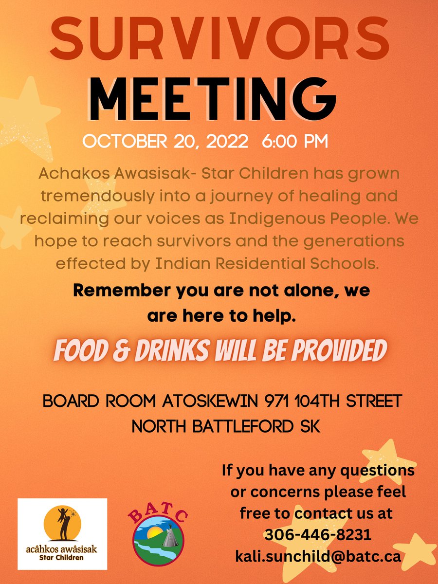 Residential School Survivors' Meeting. Open to all survivors from Sweetgrass. #healing #residentialschools #truthandreconciliation #starchildren #achakosawasisak #survivors #BATC
<a href="/BfdAgTribChiefs/">BATC</a>