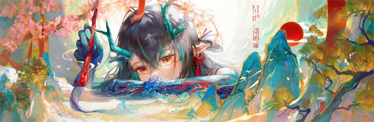 dusk (arknights) 1girl horns black hair solo pointy ears paintbrush jewelry  illustration images