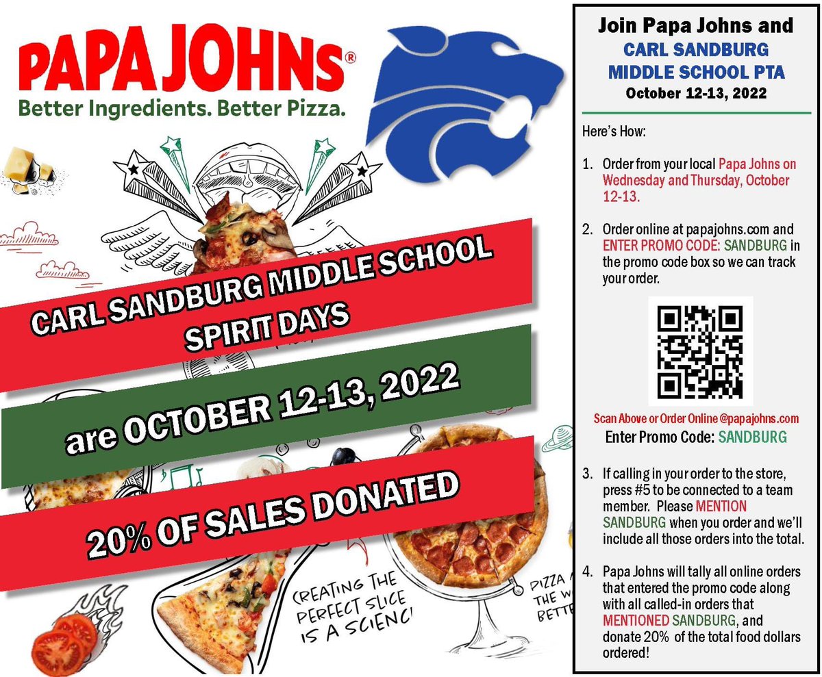 sandburg_ms_pta's tweet photo. Make your kids happy with pizza, keep your kitchen clean, and support CSMS PTA just by ordering Papa Johns on October 12 or 13! 20% of all orders go directly to support the PTA. See details in the flyer! #csmspanthers #csmspta #csmspantherpride https://t.co/3s0FpYG8P5