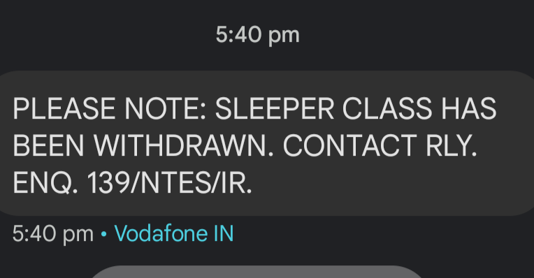 Jndass's tweet photo. @RailMadad @NWRailways @RailMinIndia 
PNR:2348411423
Train No:04825
I've a tkt booked for 2morow to JU frm JSM in SL. 
2day evng I rcvd msg stating SL Coach has been withdrawn from this train. Why wasn't I informed earlier? Wil my ticket get cncld automaticaly? Hw wl I trvl now? https://t.co/xdAX5osjSk