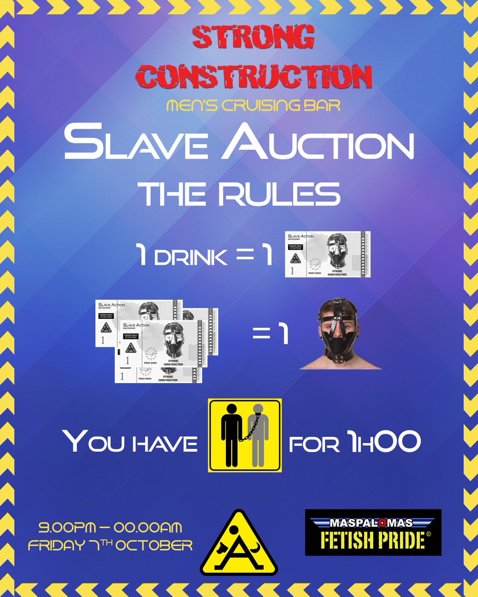 Come to the slave auction for a fun time. The idea is to spend a different night, ensuring fun for the slaves and their buyers.If you are interested in participating as a candidate, stop by Strong Construction on Friday the 7th at 9:00 p.m. and we will explain it to you.