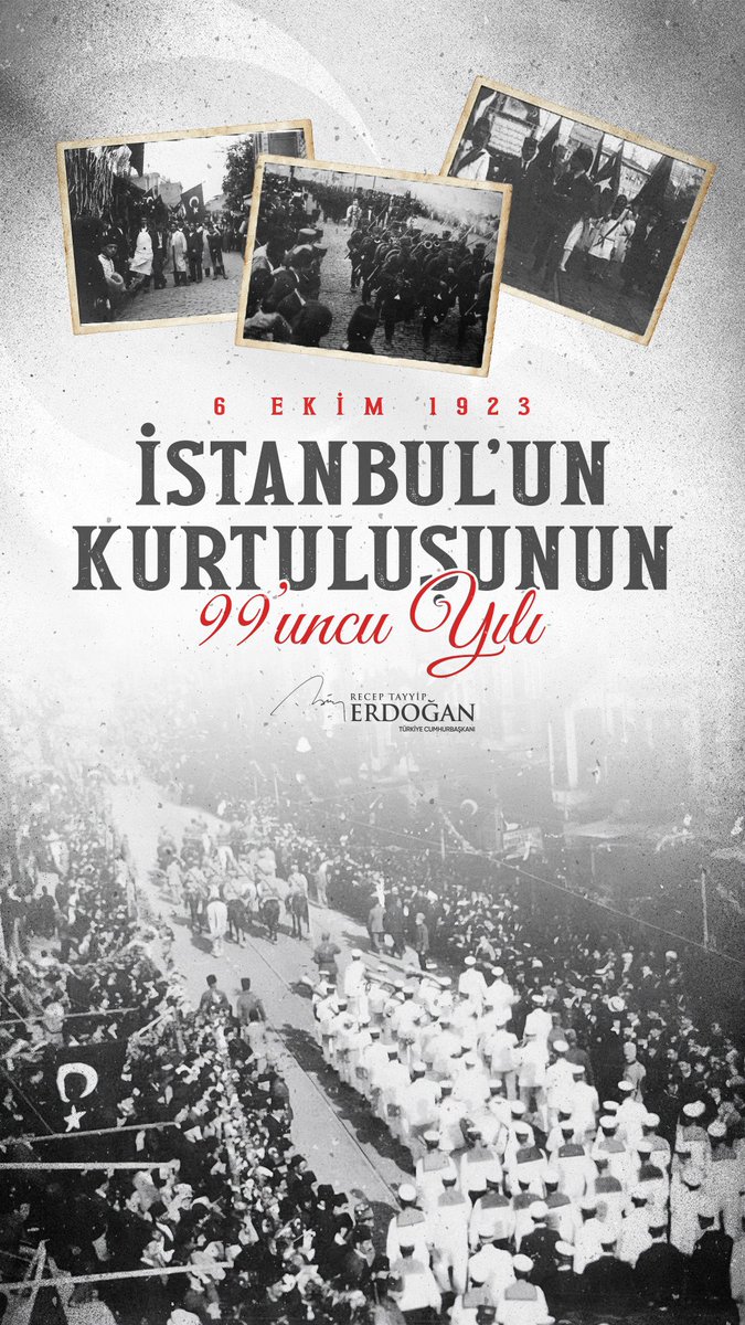 İstanbul’un düşman işgalinden kurtuluşunun 99. yıl dönümü kutlu olsun. 🇹🇷 

Başta CUMHURU REİS-İ RECEP TAYYİP ERDOĞAN olmak üzere, kurtuluşun mimarları olan istiklal mücadelemizin kahramanlarını saygı ve rahmetle anıyorum. #6EKİM #istanbulunkurtuluşu