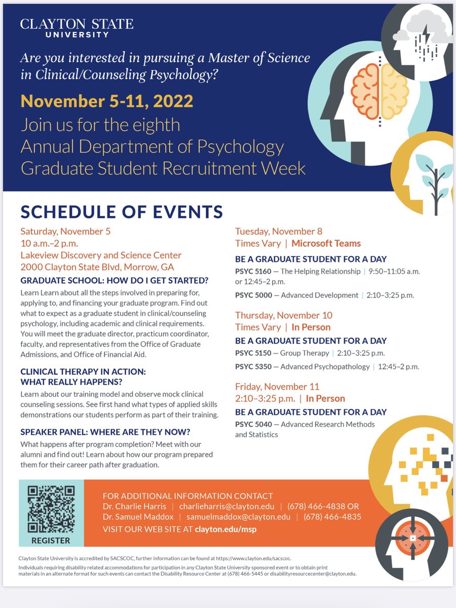 Come join the Department of Psychology for their Annual Graduate Recruitment Week! We hope to see you there! 💙🧡 #claytonstate