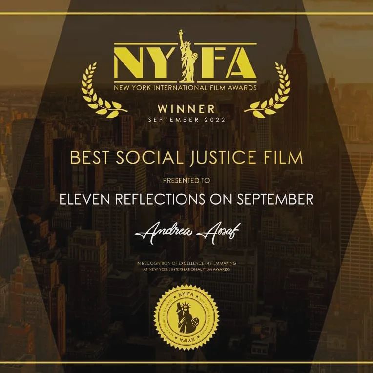 art2action's tweet photo. #11Reflections wins Best Social Justice Film! September 2022 @newyorkintfilmawards - #Art2Action is honored to have our work recognized in this way. Congrats to all the artists! @andreaassaf_711 @londoneye82 @lubana_al_quntar @eylembasaldi @aprilcentrone @arreoladora https://t.co/3s3nWGDYVs