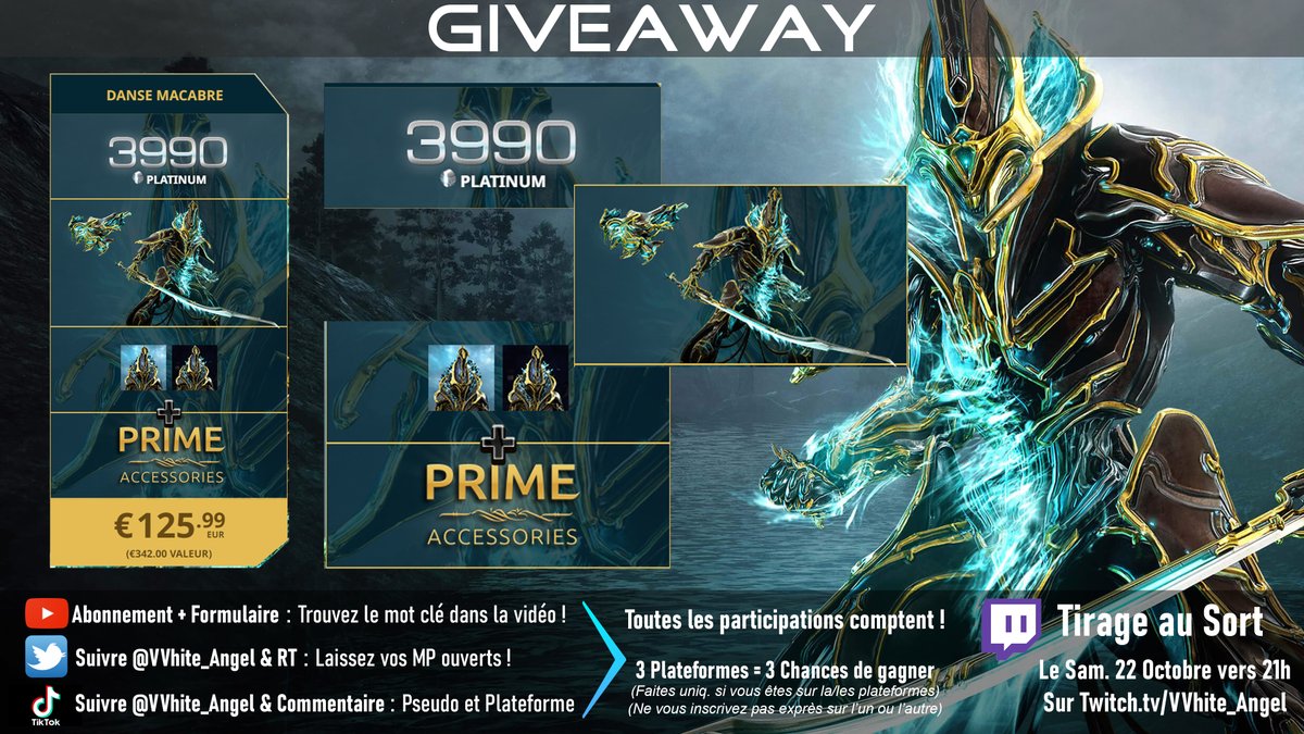 🌟Giveaway FULL Prime Access REVENANT🌟 Thanks/Merci @Playwarframe 💖

🌟 ALL PLATFORMS
🌟 Revenant PRIME 
🌟 Armes Prime
🌟 3 Mois Boosters
🌟 3990 Platines
🌟 TàS - 22 Oct. 21h

↘️ Participer
‼️ Follow <a href="/VVhite_Angel/">VVhite Angel ⚔️ Warframe Creator & Card Maker™</a>
‼️ RT ce post

🌟+1 Chance sur Youtube / +1 Chance sur TikTok
