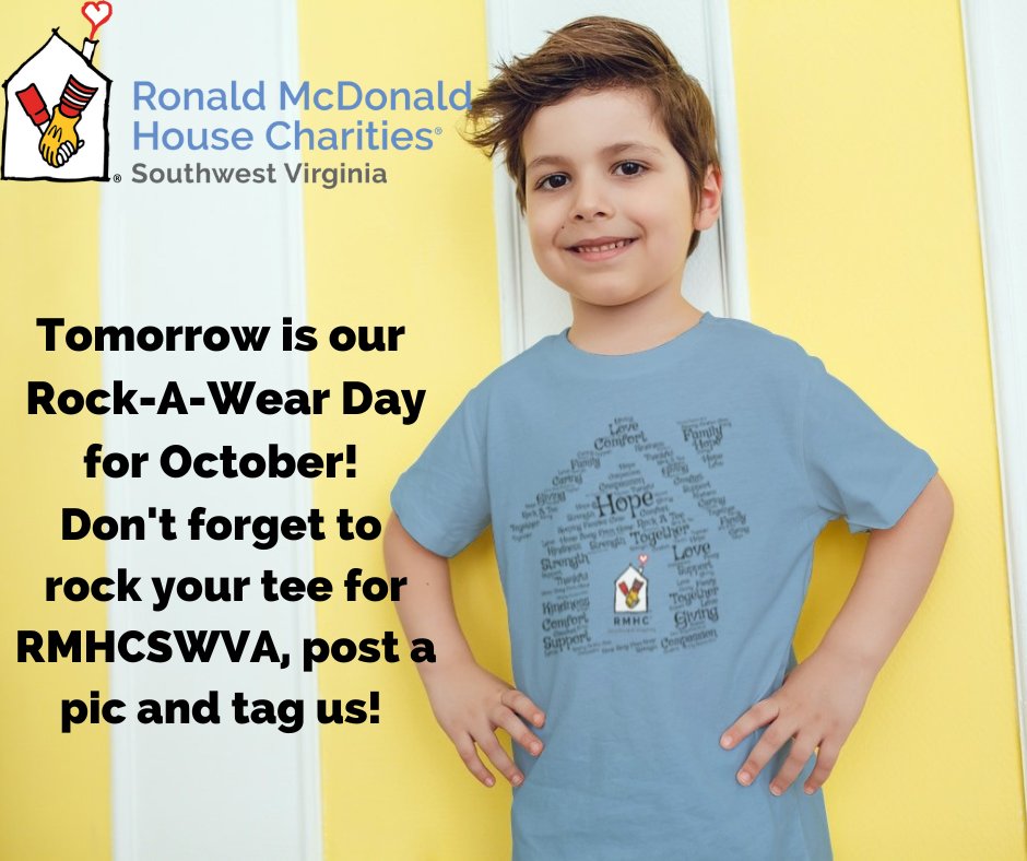 Tomorrow is #rockatee2022 wear day for October. So don't forget to sport yours around town, at the workplace, etc. and snap a pic, post it and tag us! #rmhcswva #firstfridays #nonprofitwork #nonprofitlife