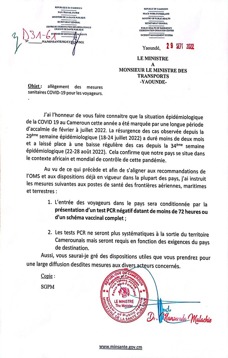 ccouspcameroun's tweet photo. Allègement des mesures sanitaires Covid-19 pour les voyageurs

👉 https://t.co/bbcSWzV4K4

@DrManaouda @MinsanteCMR @AfricaCDC @YapBoum2 @OMS_Afrique @AnneNjom @zizo_man @camertrans 
#Minsante #ccousp #diaspora #Mintransport #partage https://t.co/PxUUNQ3P8T