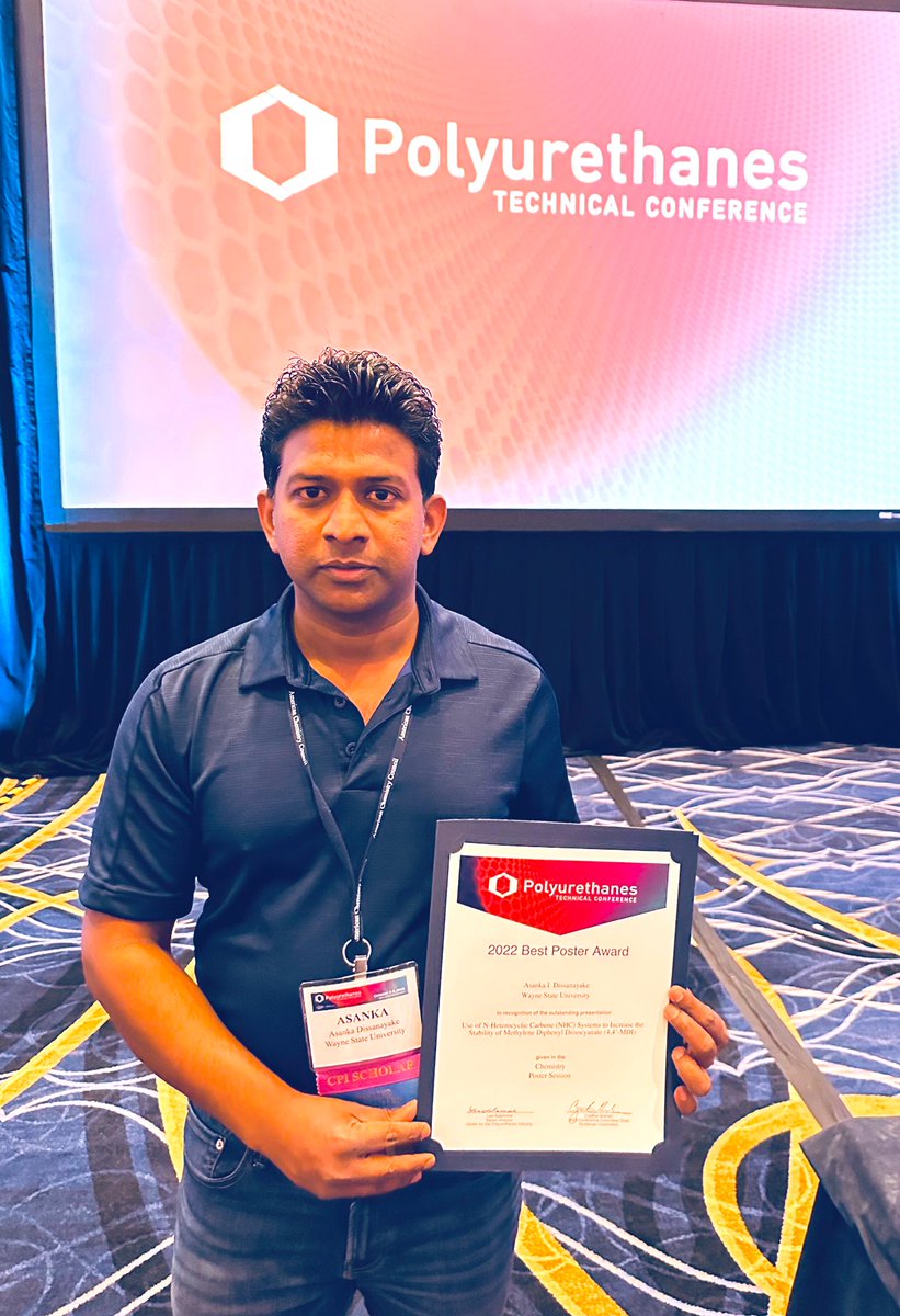 waynestatechem's tweet photo. Congrats to @Asankatweet of #wsuchemistry’s @GroysmanLab on winning the best poster award at the 64th Polyurethanes Technical Conference! This work is coauthored by Dr. Thilini Hollingsworth and our stellar undergrad Elizabeth Madarang and in collab with @BASF. #PolyCon22 https://t.co/8rl9ImamXF