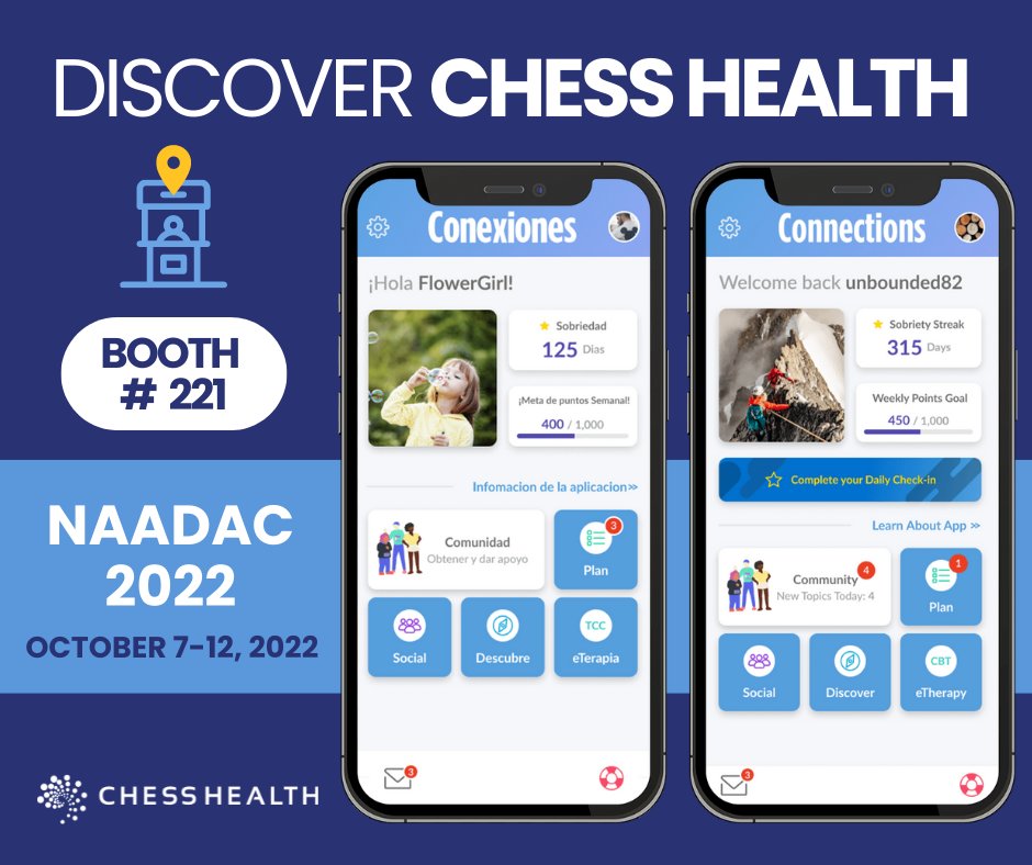 CHESSmh's tweet photo. #NAADAC2022 (@NAADACorg) kicks off tomorrow! Stop by the #CHESSHealth booth (#221) and join our mission to help make #recovery possible for all individuals 💙 #ConnectionsApp #Conexiones https://t.co/tCL68XzZuX
