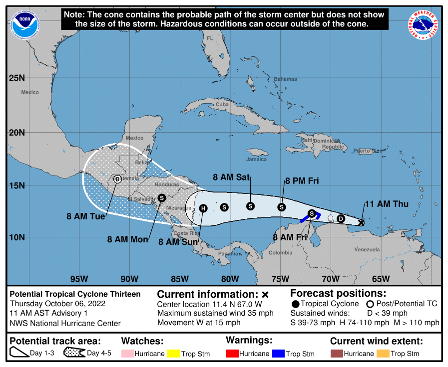 ProtCivil_QRoo's tweet photo. ((Aviso)) Se formó la depresión tropical ¨Trece¨ en el mar Caribe, se mueve al oeste (270 Grados), a razón de 24 kph., vientos máximos cerca del centro de 55 kph., aproximadamente a 2,375 kilómetros al este sureste de las costas de Quintana Roo. En vigilancia. https://t.co/WWys4xJK5y