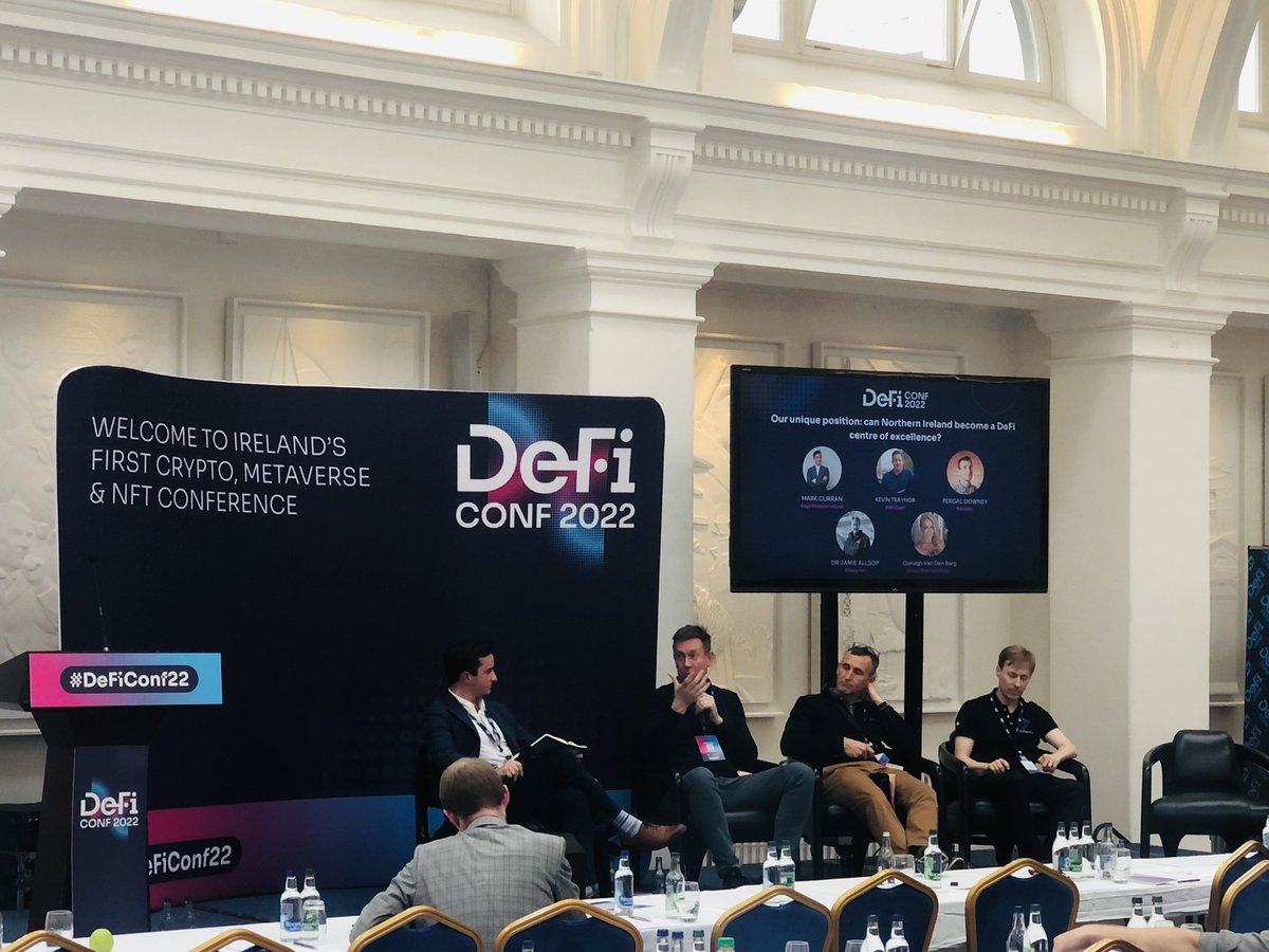 DeFi_Conf's tweet photo. Our final panel discussion of the day with Mark Curran (Department of Finance Ireland), Kevin Traynor (DeFi Conf), Fergal Downey (Rakuten Blockchain Lab) &amp; Dr Jamie Allsop (Clearpool)! ⚡️

#DeFiConf23 https://t.co/fldBVdwqbf