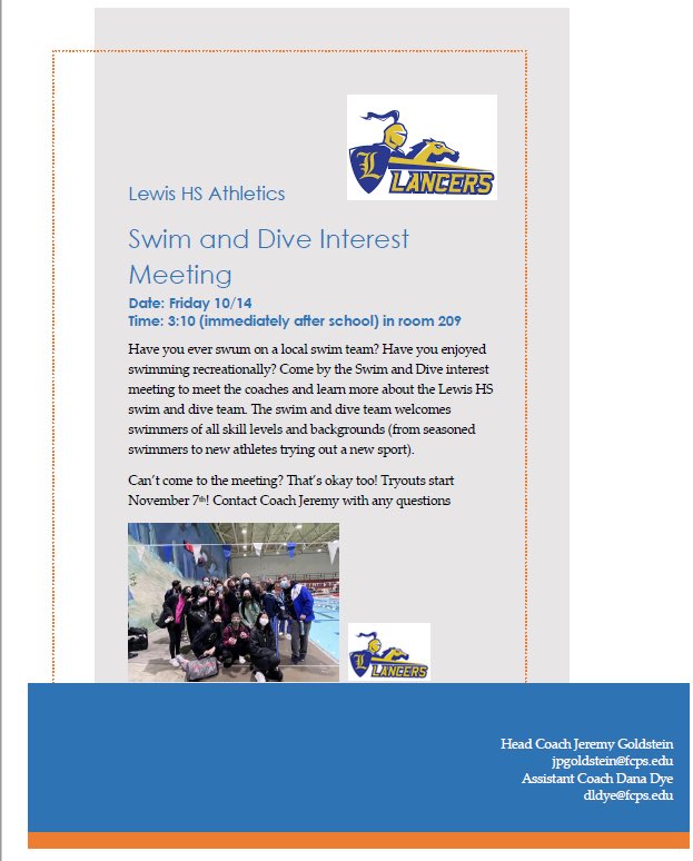 Interested in joining the swim team? Come by our interest meeting next Friday to learn more ! All are welcome! Contact coach Jeremy if you have any questions