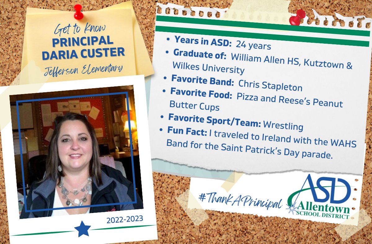 AllentownSD's tweet photo. Continuing to celebrate our elementary principals this week - get to know @asdjeffersonelem principal Custer! 🍕 #NationalPrincipalsMonth https://t.co/HJNvYbRetg