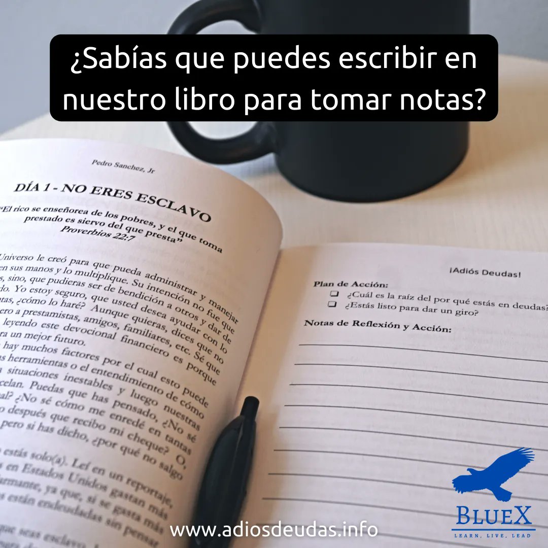 psanchez's tweet photo. Aparte de la información útil, ¡tambien puedes escribir sus notas en el libro! Visítenos por https://t.co/HPR1kF6Zkm para empezar, o continuar, su jornada financiera 🙌 
#learnlivelead #successenespañol
#bluex #bluexsolutions #adiosdeudas #informacion #notas #escribir #finanzas https://t.co/uHNF2rvSNR