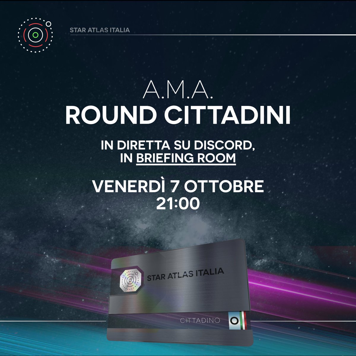 staratlasitalia's tweet photo. 📢AMA Round cittadini!📢

Questo venerdì alle 21 preparati a scoprire come far parte della community di Star Atlas Italia ad un altro livello! 
Invito aperto per tutti. Ufficiali, membri, futuri cittadini e chiunque voglia saperne qualcosa di più!

https://t.co/XQRDJ0aArV https://t.co/uOR1l2Mm4z