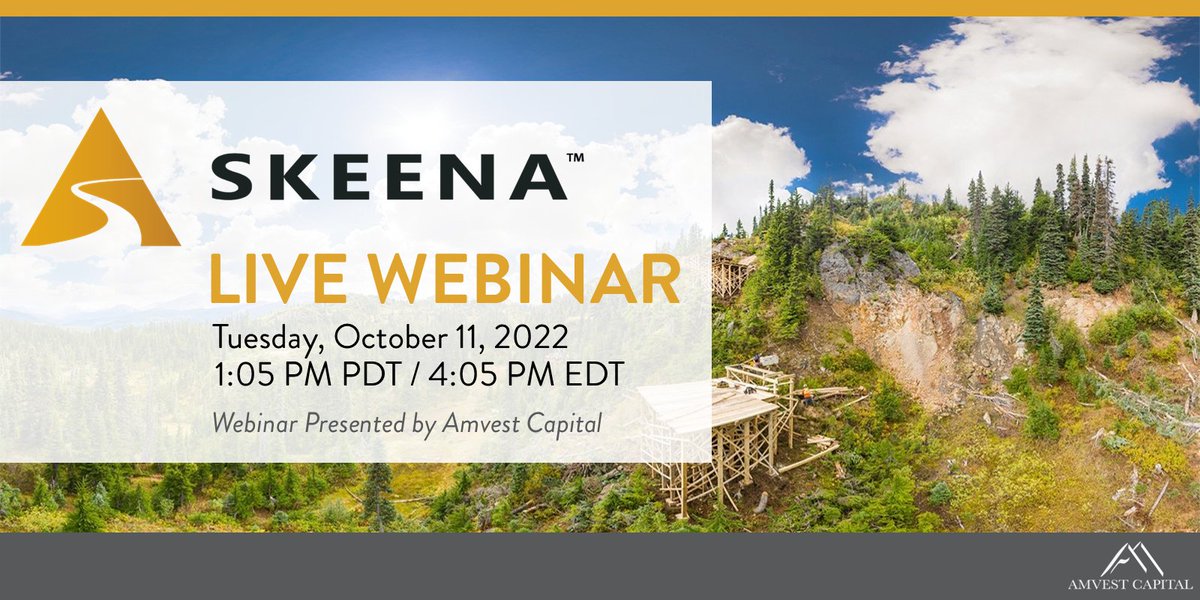 Join us on Tues, Oct 11 @ 1:05 PM PDT / 4:05 PM EDT for a live webinar w/ @SkeenaResources to learn about the #EskayCreek #gold #silver mine's pathway to production.

Register now: bit.ly/3e5s3hC 

$SKE $RXF #NYSE #BritishColumbia #GoldenTriangle #PreciousMetals