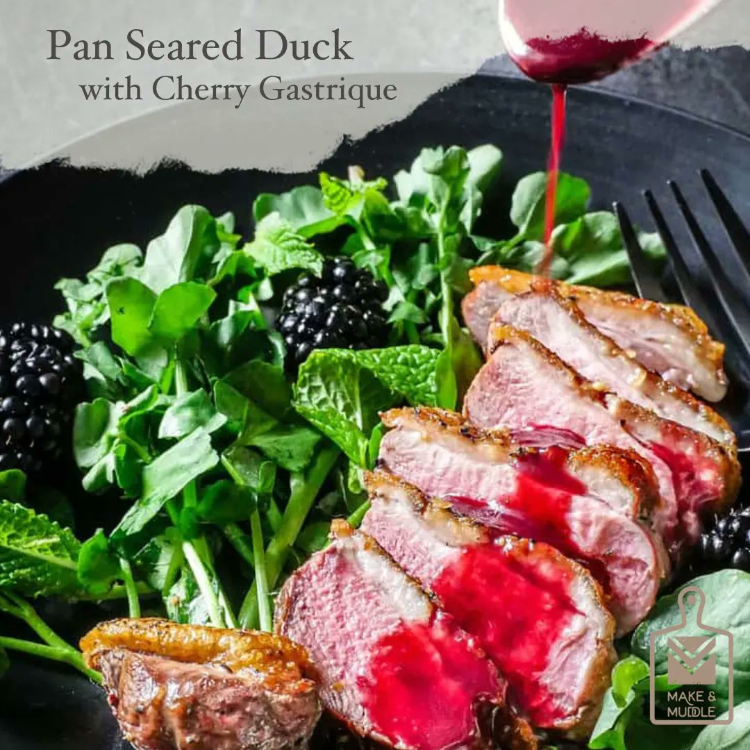 Make_Muddle's tweet photo. Duck has always been a favorite of mine. I love it crispy with a plum sauce and rice pancakes, confit on anything from tacos to poutine, or, in this case, slow pan seared with a Spiced Cherry Vanilla Gastrique. #cheersyall #makeandmuddle #duckrecipe #gastrique #panseared https://t.co/hsKbLde6QB