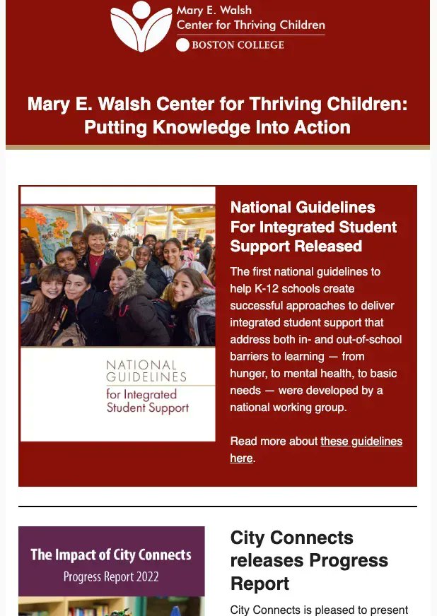 This week, we sent out the latest version of our Center newsletter. In it, we wrote about the National Guidelines, our latest Progress Report, and more. 

Want to keep up with the Mary E. Walsh Center for Thriving Children?  Sign up for our emails here: buff.ly/3PKHIAS