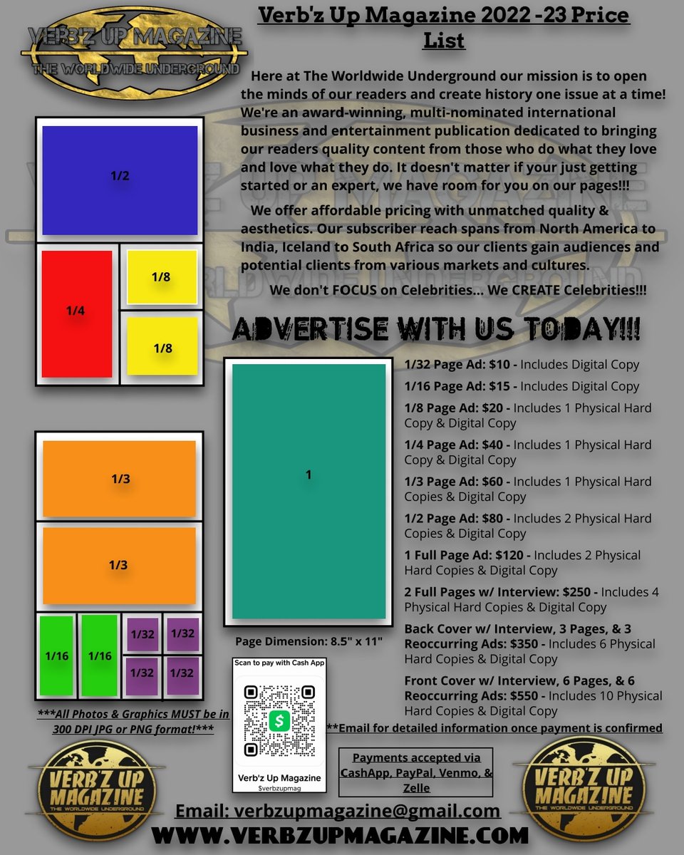 VerbzUpMag's tweet photo. Lock in your advertising or feature slot in @VerbzUpMag... The Worldwide Underground. 

Logo placement starts at $10 
¼ page features start at $40

CashApp: $verbzupmag 
Venmo: @verbzupmagazine https://t.co/X8uXD0yx6B