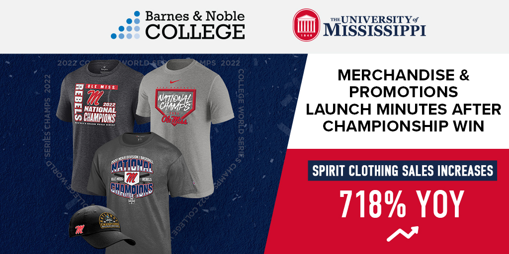 After <a href="/OleMiss/">Ole Miss</a> won the College World Series, BNC &amp; Fanatics had championship merchandise online in 10 min., fueling fan excitement. After a promotional campaign, the campus store achieved 500%+ YoY sales increases in spirit clothing &amp; gifts. Case study: bit.ly/3Cev1bt