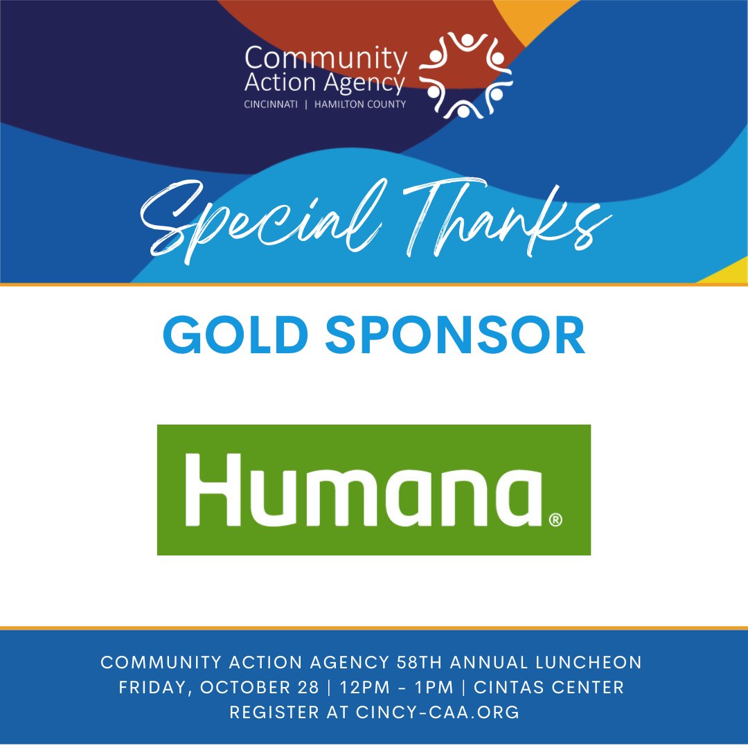 CincyCAA's tweet photo. We would like to thank @Humana for being a Gold Sponsor! It's because of your generosity that we're able to make a difference in Greater Cincinnati!
Register for our virtual 58th Annual Luncheon today at https://t.co/IS56oamGG6
#ImprovingOurCommunity #OneFamilyAtAtime https://t.co/E1Z1tOnzvK