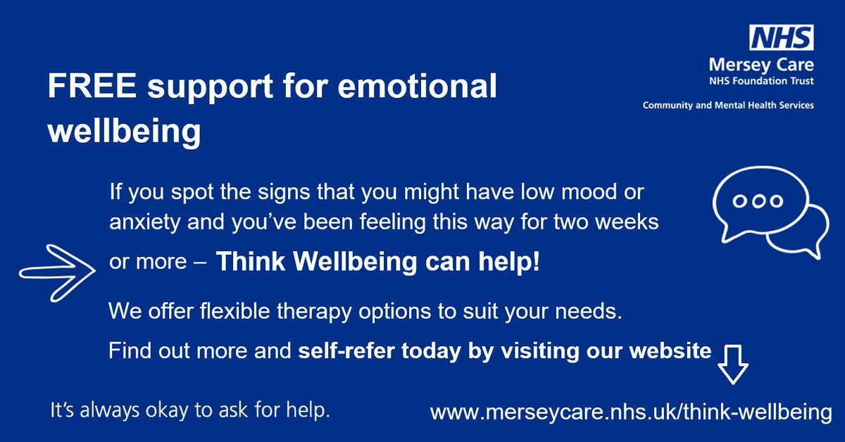 Mersey_Care's tweet photo. Need help with #anxiety, #depression or #stress?
If you live in #Halton, #Knowsley or #StHelens our #ThinkWellbeing services offer telephone/video appointments that can help you π
Self refer today π² https://t.co/l9h2DdQT5i β¦
#Stress #Anxiety #Overwhelmed #MentalHealth #NHS https://t.co/omU4klIfuu
