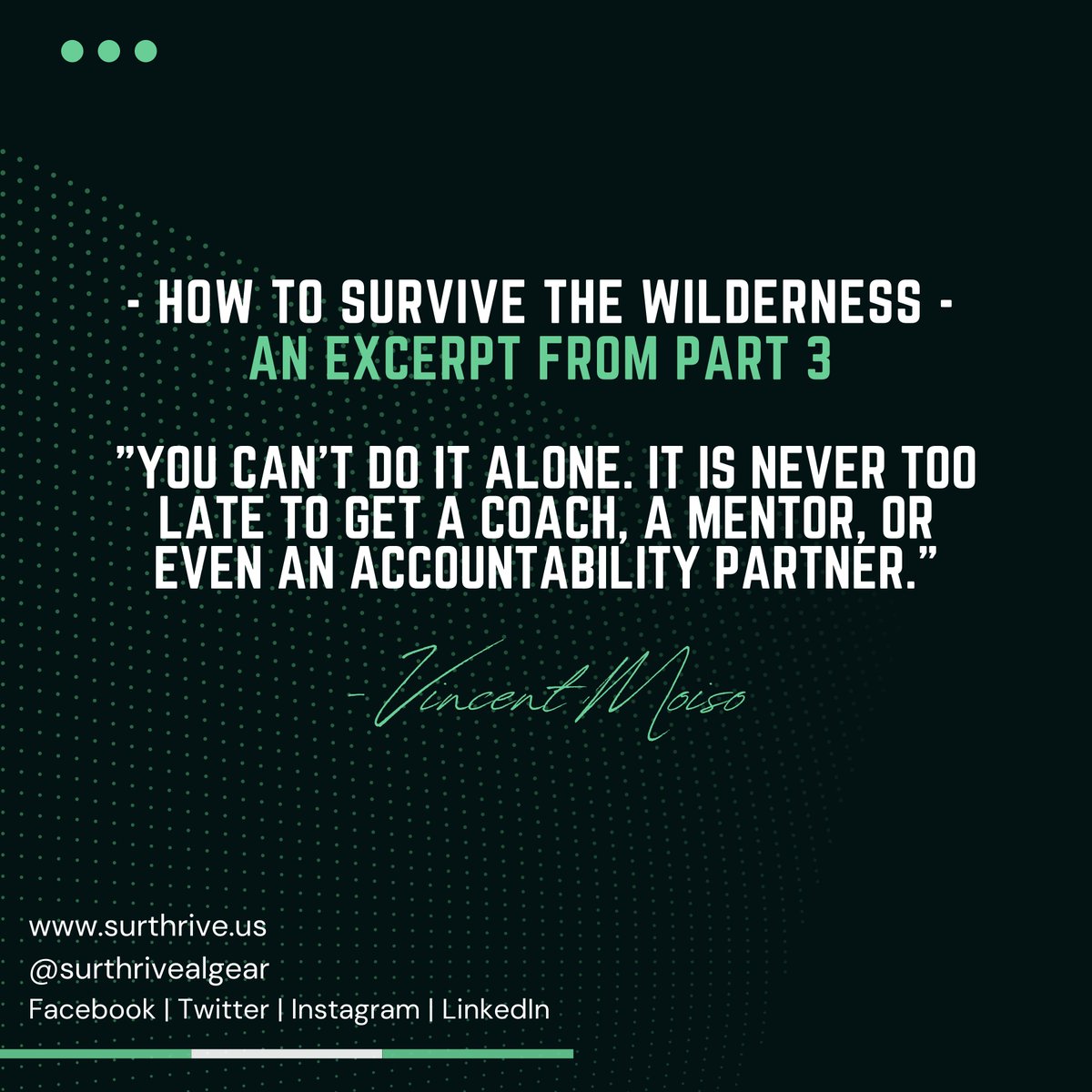 Trying to manage running a business, with all of the many idiosyncrasies, is impossible to do alone. You need a coach! Haven't had a chance to read the full story yet? Make sure to get a copy at surthrive.us or on Amazon.
