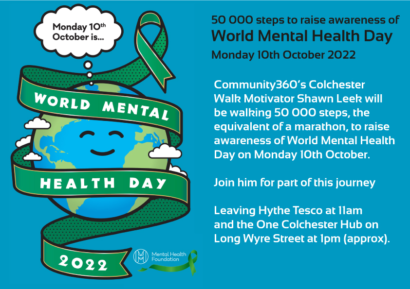 Community360org's tweet photo. Community360 Walk Motivator Shawn Leek is stepping out for World Mental Health Day on Mon 10th October. He aims to do 50,000 steps equivalent to a marathon to raise awareness of mental health.
Read more
https://t.co/d2aQSXbvSj
#yourcolchester #NEEICS #activeessex #livewellessex https://t.co/pX2pVunkDe
