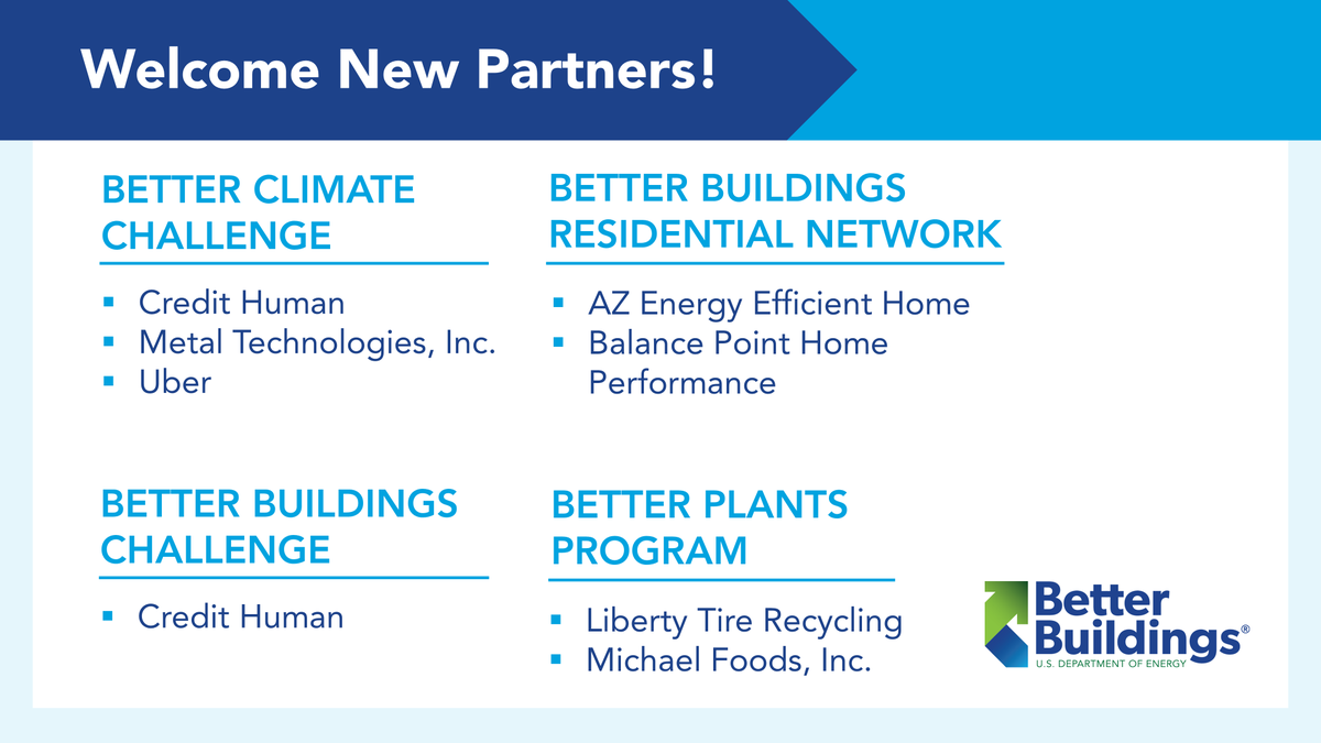 BetterBldgsDOE's tweet photo. We’re thrilled to welcome our new partners from the past month! @azenergyguy, @LibertyTireLLC, @MichaelFoods, @Uber, Balance Point Home Performance, Credit Human, Metal Technologies, Inc. https://t.co/YpeE7GqFzU