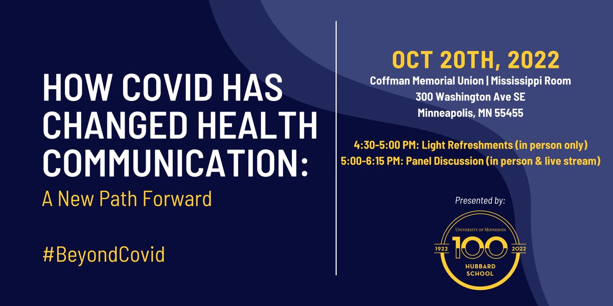 COVID-19 exposed some fault lines in health communication strategies. Join us on Oct. 20 as we reflect on the lessons we did - or should have - learned from COVID-19 about how to talk about complicated health topics. #BeyondCovid In person or livestream: z.umn.edu/BeyondCovid