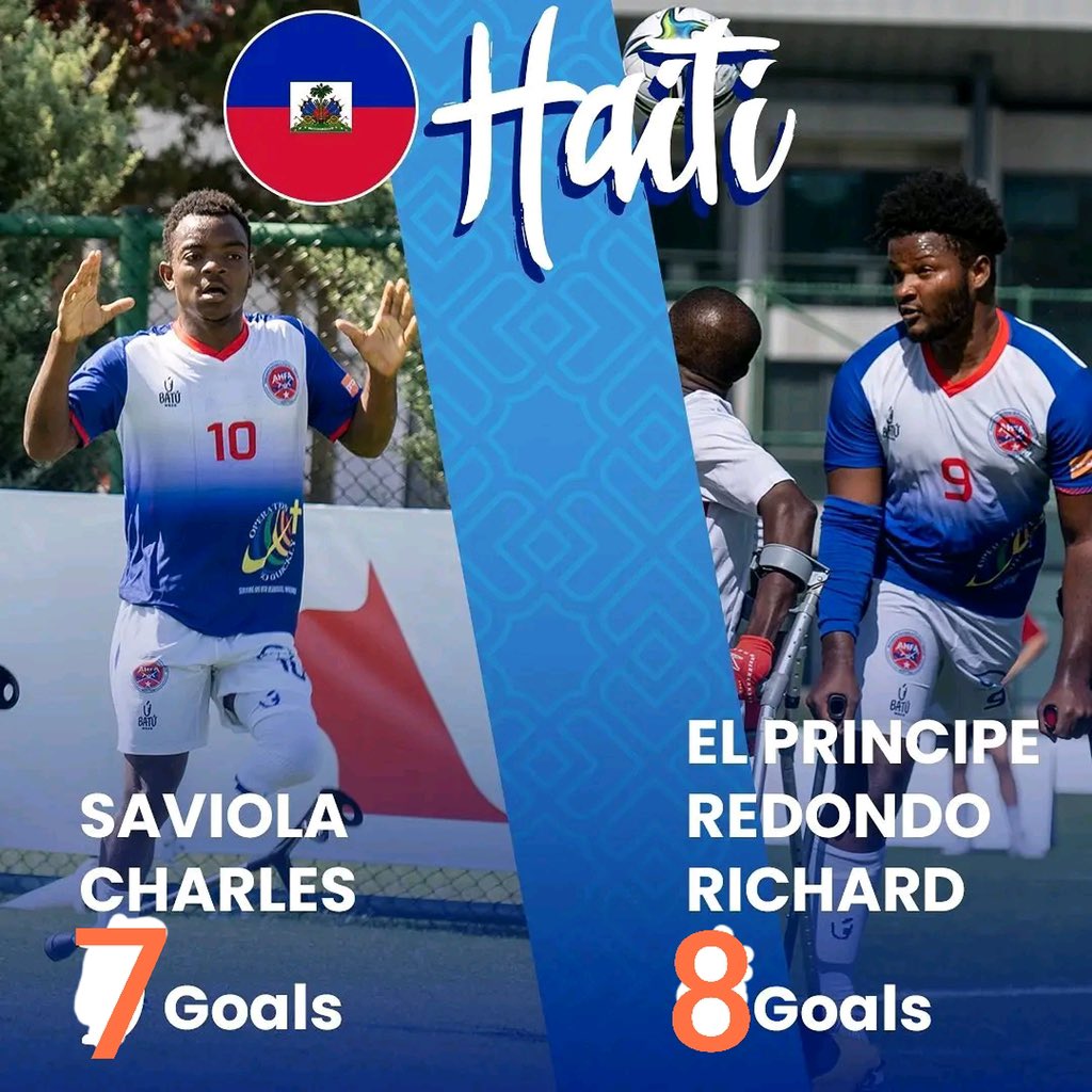 TICKETmaghaiti's tweet photo. Coupe du Monde des amputés : Deux Haïtiens, Redondo El Principe Richard : 8 buts et Saviola Charles : 7 buts, dominent le classement des meilleurs buteurs de la compétition. https://t.co/yhqjZ7YblP