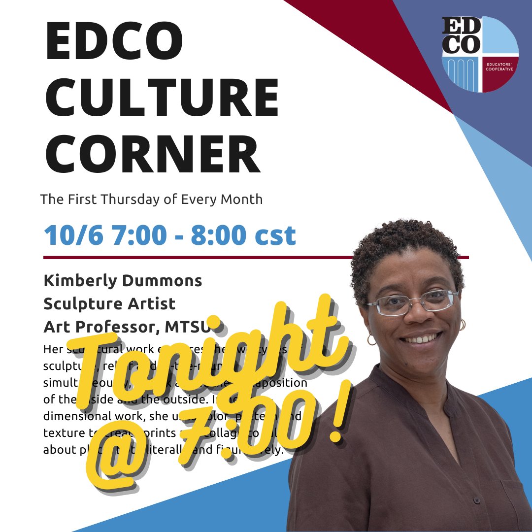 Tonight's the night! <a href="/MikeMit42546882/">TSU-Art Education Coordinator</a> is facilitating what's sure to be an incredible conversation w/Kimberly Dummons for this year's 2nd Culture Corner. Join the conversation about teaching, art, collaboration, &amp; thinking! #educatorscooperative #forteachersbyteachers LINK IN BIO