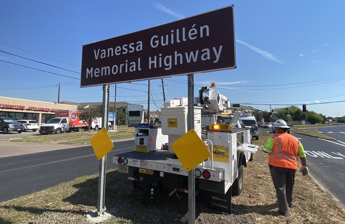 Jason Miles (@jmileskhou) on Twitter photo Spotted along Monroe at Gulf Fwy. <a href="/TxDOTHouston/">TxDOT- HOU District</a> installing “Vanessa Guillen Memorial Highway” sign. The Houston native was an Army recruit murdered in 2020 at Fort Hood. I’m told official unveiling planned for Saturday. <a href="/KHOU/">KHOU 11 News Houston</a> Guillen coverage: khou.com/article/news/l… #khou11 Spotted along Monroe at Gulf Fwy. <a href="/TxDOTHouston/">TxDOT- HOU District</a> installing “Vanessa Guillen Memorial Highway” sign. The Houston native was an Army recruit murdered in 2020 at Fort Hood. I’m told official unveiling planned for Saturday. <a href="/KHOU/">KHOU 11 News Houston</a> Guillen coverage: khou.com/article/news/l… #khou11