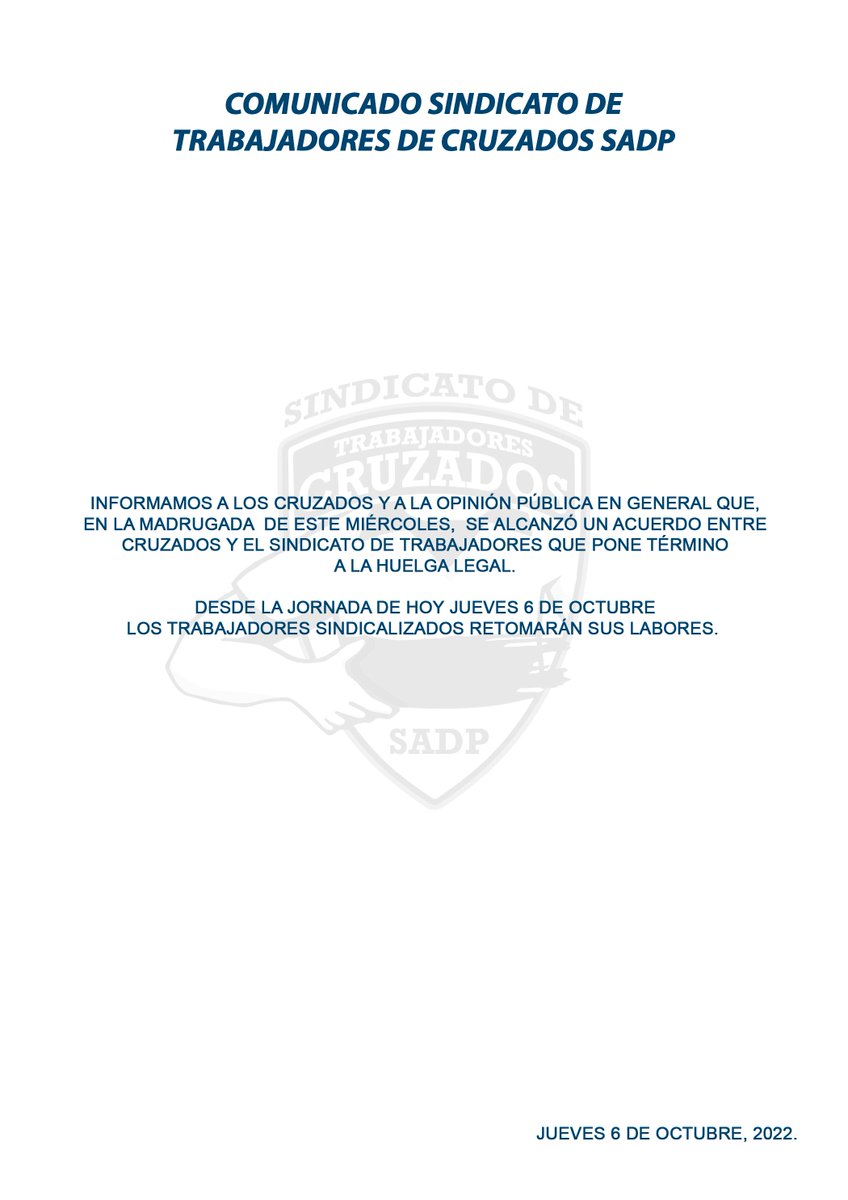 Cruzados y Sindicato de Trabajadores comunican acuerdo que pone término a la huelga legal.