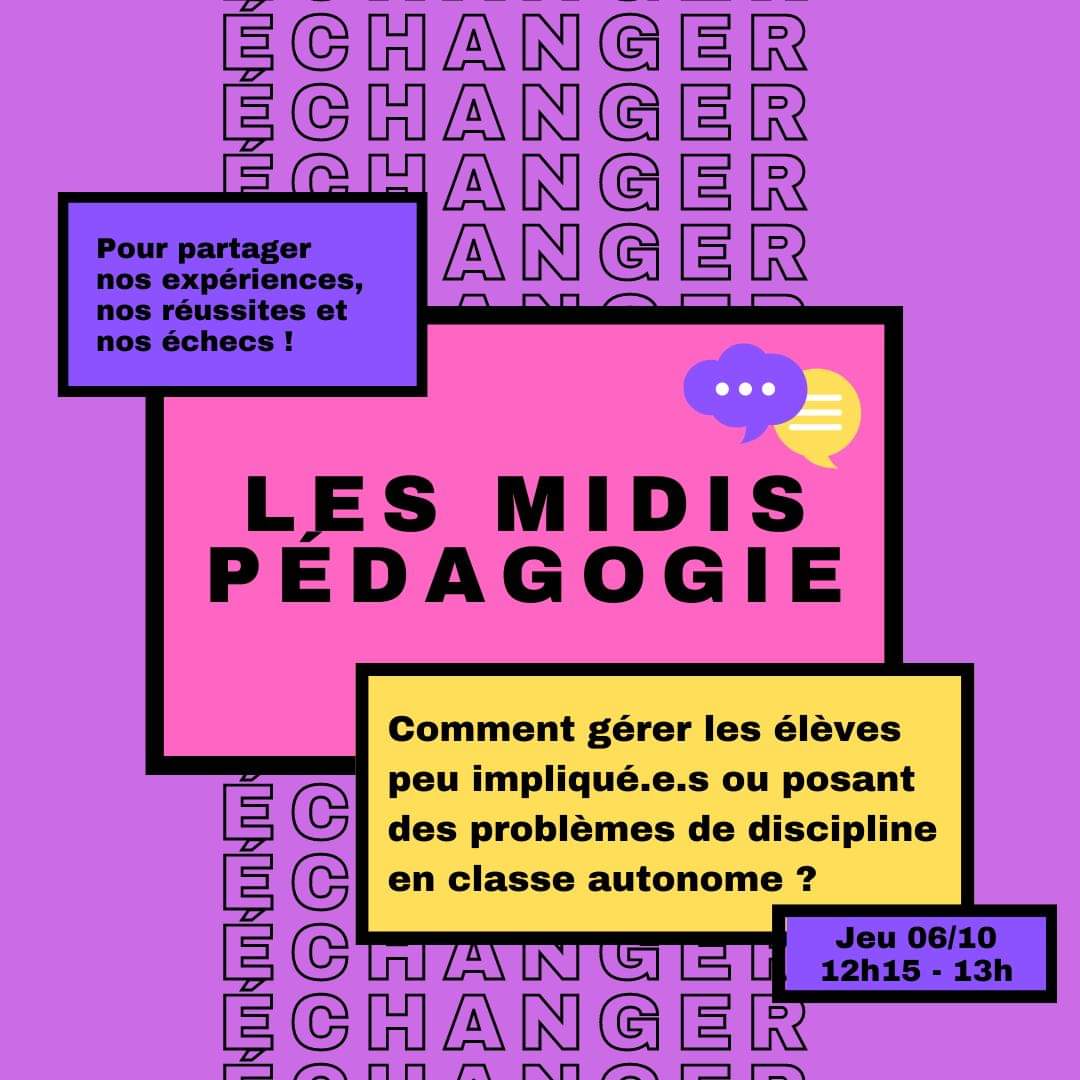 paris_segolene's tweet photo. Le replay de notre dernier temps d'#échange des midis #pédagogie est disponible.
"Comment gérer les #élèves peu impliqué.e.s en classe autonome ?". Des pistes, des références à nos lectures, des analyses de pratique... A bientôt pour le prochain numéro ! 
https://t.co/YGDwBLdbyn https://t.co/0sZl89PrtB