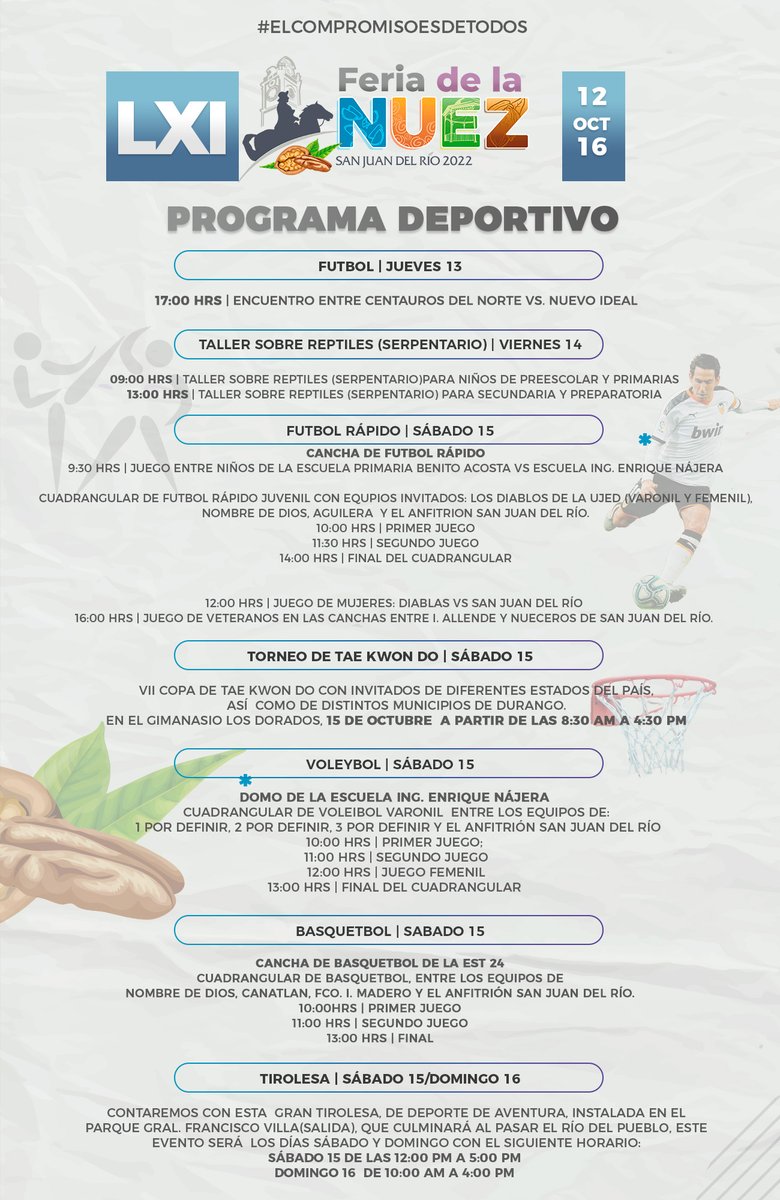 ⚽️🏀🥋 Futbol, tirolesa, serpentario y tae kwon do son algunas de las disciplinas que forman parte del #programaDeportivo que tendremos en la #FeriaDelaNuez 2022.

Aquí la agenda completa. ⬇️