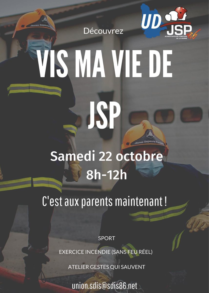 [#Évènement]
On inverse les rôles. RDV samedi 22 octobre de 8h à 12h pour un « Vis ma vie de JSP ».
Il vous suffit d’être parent de JSP dans la Vienne et d’envoyer un mail à l’adresse unionsdis@sdis86.net
A vous de jouer 😉