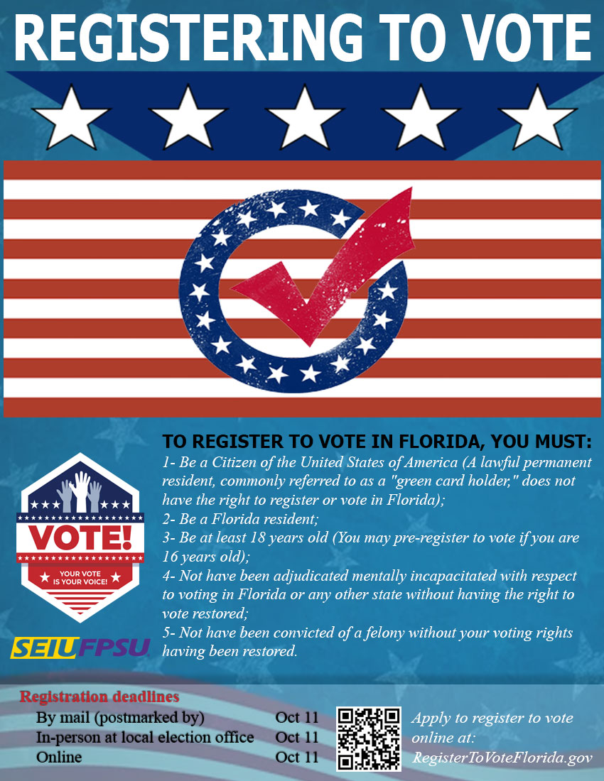 SEIU FPSU (@seiu_fpsu) on Twitter photo If you have recently moved, changed your address or are not sure if you are register to vote visit:
RegisterToVoteFlorida.gov
Make sure all your friends and family are also registered to vote.  Registration deadline is October 11th.
#seiufpsu #vote2022 #votetosaveflorida If you have recently moved, changed your address or are not sure if you are register to vote visit:
RegisterToVoteFlorida.gov
Make sure all your friends and family are also registered to vote.  Registration deadline is October 11th.
#seiufpsu #vote2022 #votetosaveflorida