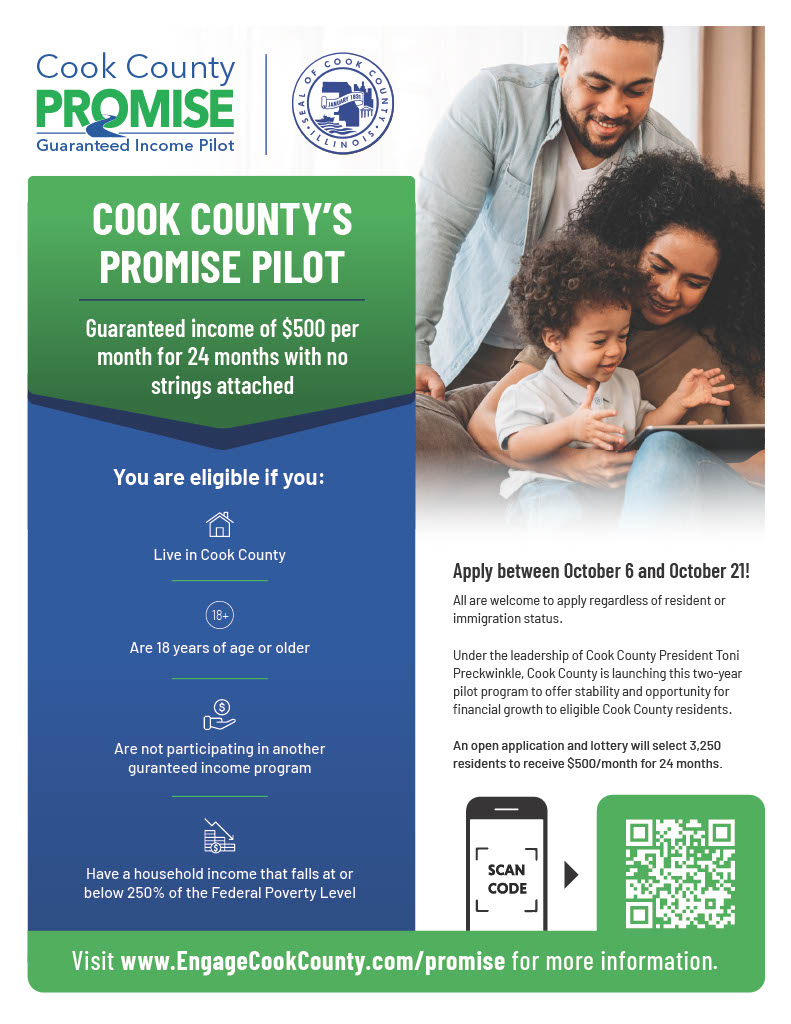 50thWardChicago's tweet photo. Cook County is now accepting applications for a guaranteed income pilot program. Cook County residents age 18+ who are income eligible can apply to receive $500 a month for 24 months. Visit https://t.co/nhlvElePr8 to apply now! #CookCountyPromise https://t.co/wy3ofH0zAQ