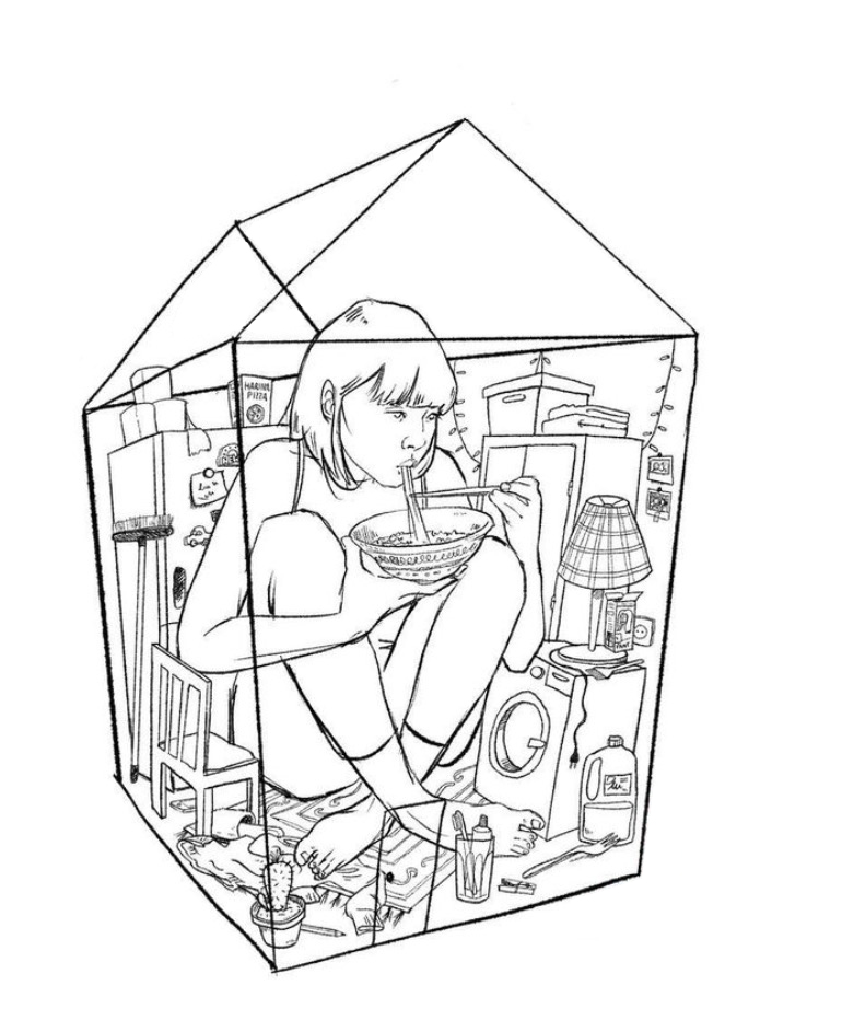 Primero la portada.

En cuanto la vi quedé enamorado. Un volumen de líneas simples encierra una serie de trastos necesarios e inútiles que acumulamos a lo largo de toda una vida.

Y en su interior y mucho más grande: una persona.