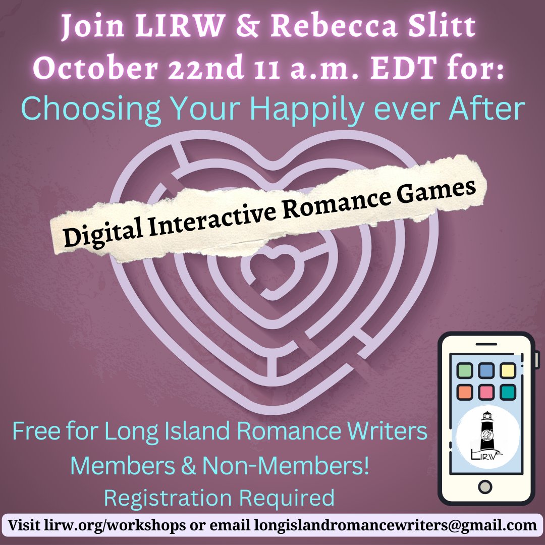 LIRomWriters's tweet photo. Free #writingworkshop w/ LIRW Sat Oct22! Rebecca Slitt @beckysgames presents: Choosing Your Happily Ever After: Digital Interactive Romance Games
Register @ https://t.co/n9IG8I9PcU
#amwritingromance #amwriting #heartschoice #interactivefiction #interactiveromance #romancewriters https://t.co/jdnCL67k3n