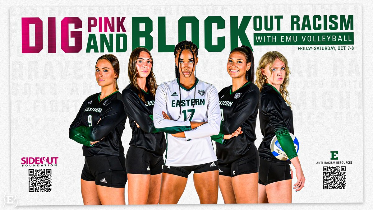 𝗗𝗜𝗚 𝗣𝗜𝗡𝗞 & 𝗕𝗟𝗢𝗖𝗞 𝗢𝗨𝗧 𝗥𝗔𝗖𝗜𝗦𝗠 Friday's match begins the 'Dig Pink Initiative' while Saturday's match is dedicated to Blocking Out Racism! Scan the QR Codes below for more information⬇️ #EMUEagles | #OTM 🦅