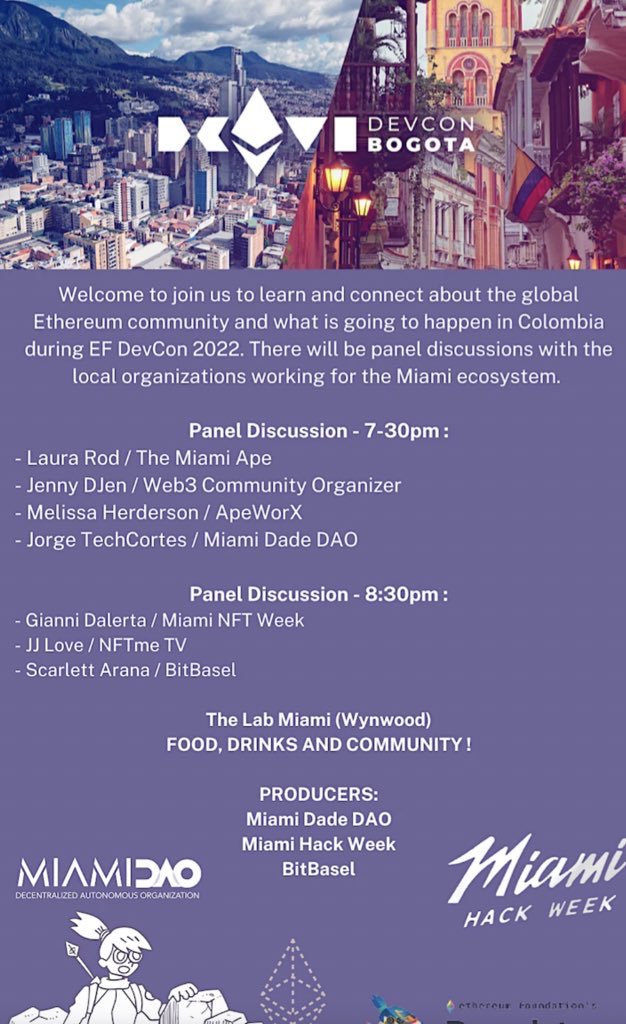 TheMiamiApe's tweet photo. Road to Devcon✨

Excited to be part of this amazing panel &amp; conversation in Miami for the global Ethereum community and initiatives in Colombia! 

Are you going to DevCon? https://t.co/UioTh4785D