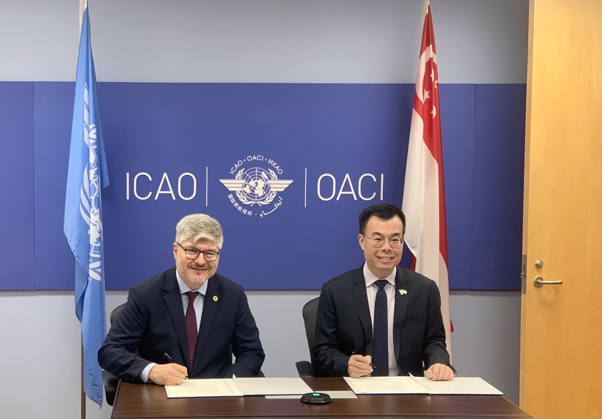 icao's tweet photo. On the sidelines of #ICAOA41, Singapore 🇸🇬 signs the the ACT-SAF Terms & Conditions. These establish the framework for mutual cooperation between ICAO and partners for the development and participation in the #ACTSAF Programme. ICAO encourages all States to agree to the T&Cs! https://t.co/QHZE7aiZKX