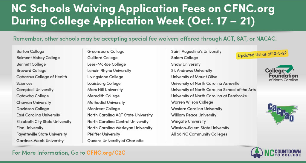 Seniors-  Be sure sure check out CFNC.org for all the NC schools waiving applications fees 10/17-10/21! <a href="/ApexHighSchool/">Apex High School</a> <a href="/ApexPtsa/">ApexHighPTSA</a>