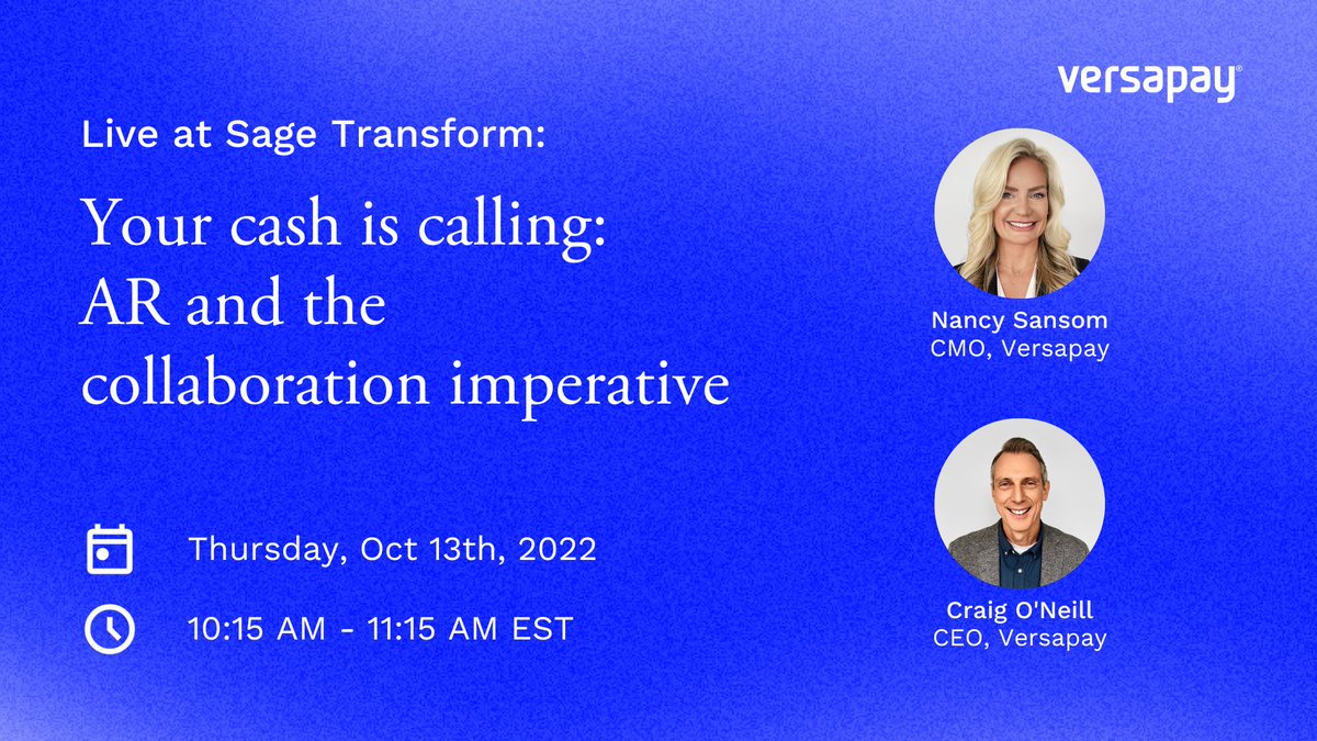 Versapay's tweet photo. Are you attending #SageTransform next week??? Catch Collaborative AR live in person and attend our session on Thursday, October 13th.  

Add the session to your schedule here! You won’t want to miss this: https://t.co/zWmB8DBpYc  

#sagepartners #MakeARHumanTour #CollaborativeAR https://t.co/Q7yevIWqsP