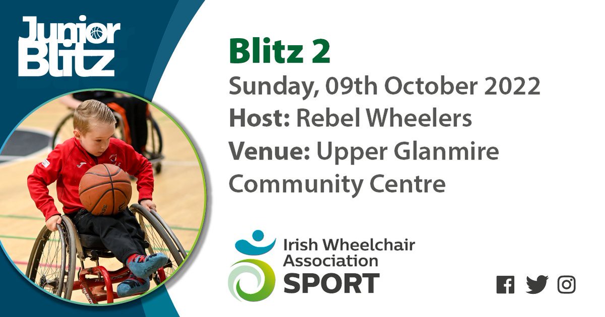 JUNIOR BLITZ It's Round 2 of our Junior Wheelchair Basketball Blitz this Sunday hosted by Rebel Wheelers! The event gets underway at 10.30am at Upper Glanmire Community Centre Best of luckto all the teams! #RollWithUs