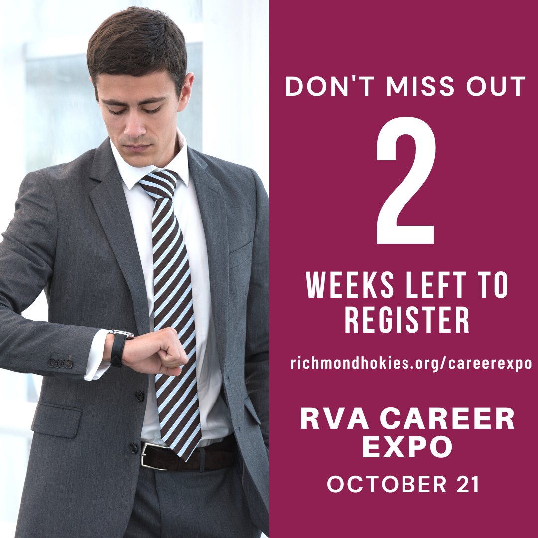 Only 2 weeks left to register for the #RVACareerExpo happening Fri Oct 21, at the Cultural Arts Center of Glen Allen. Don't miss this premiere career networking event with recruiters who want to meet YOU! Don't wait, register today!  richmondhokies.org/careerexpo #newcareer #jobs