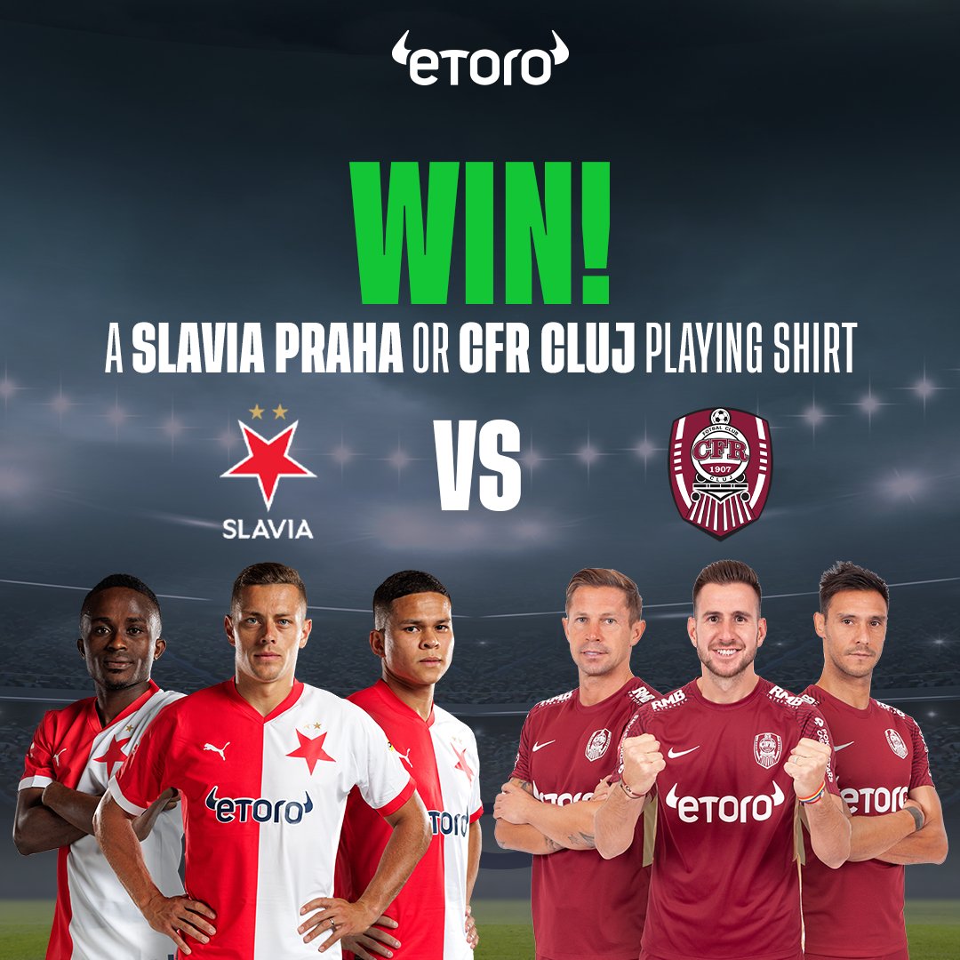 eToro's tweet photo. 👕 Here’s your chance to win one of three CFR Cluj or Slavia Prague @slavia_eng shirts.

All you have to do is RT this tweet &amp; answer the question below!

How many times have these two teams played each other?

Good luck!

T&amp;Cs apply 
👉https://t.co/OTdWNwlyvK https://t.co/18eJYF3AQx