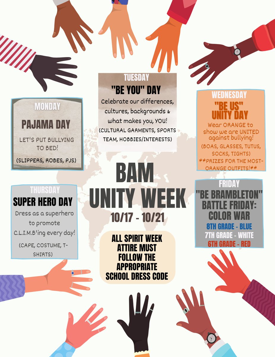 BamCounselors's tweet image. Join us Oct. 17th-21st to celebrate Unity week and close out Quarter 1 with a fun-filled spirit week!!🧡🧡#CLIMBtoUnity